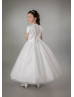 Beaded Cap Sleeves Ivory Satin Glitter Tulle Flower Girl Dress